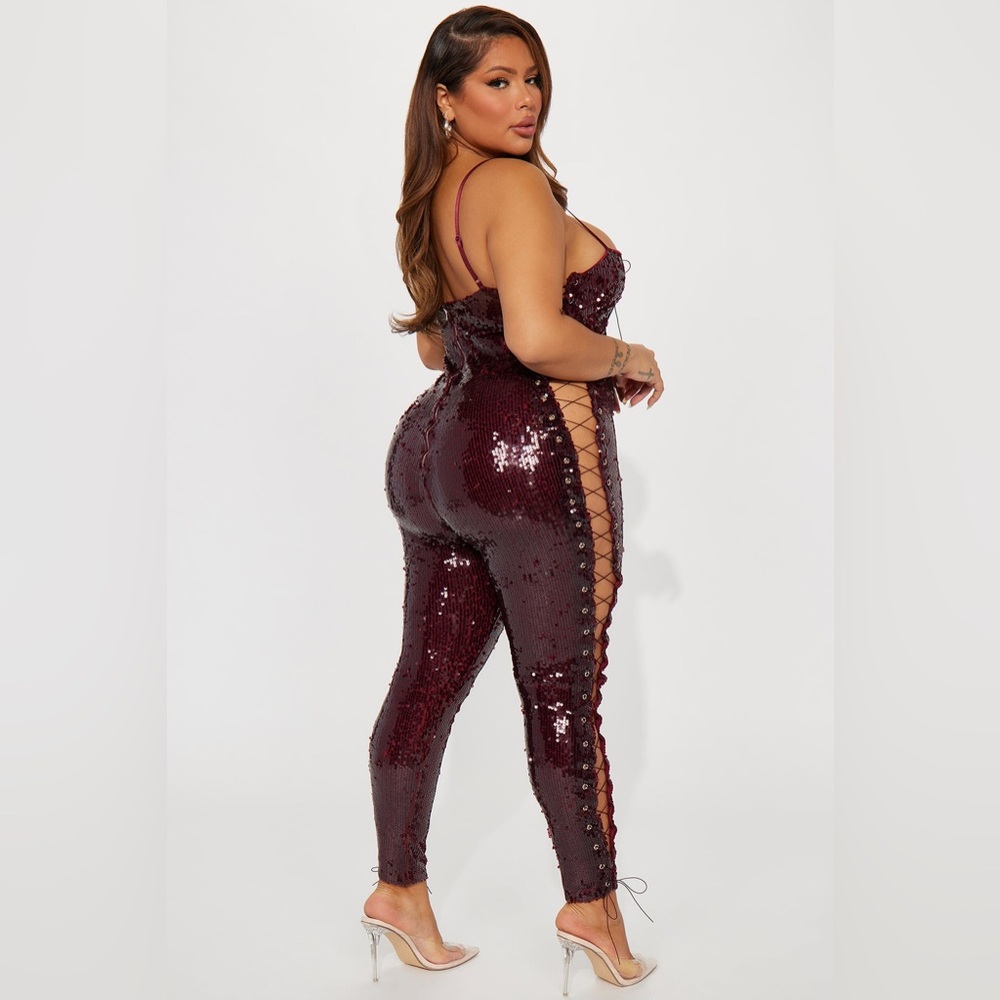Fashion Nova Burgundy Sequin Lace-Up Jumpsuit